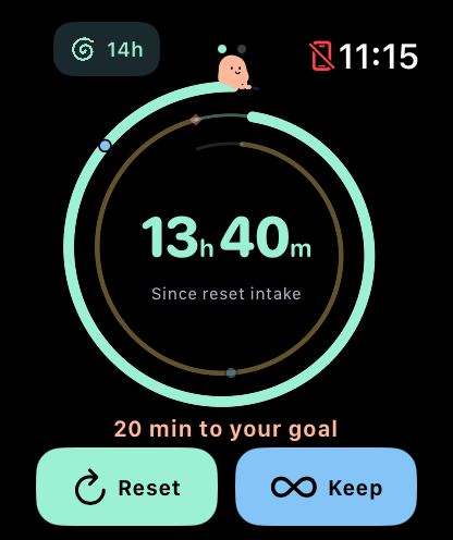 EmptTrack spiral showing 13 hours 40 minutes since reset, with 20 minutes to goal